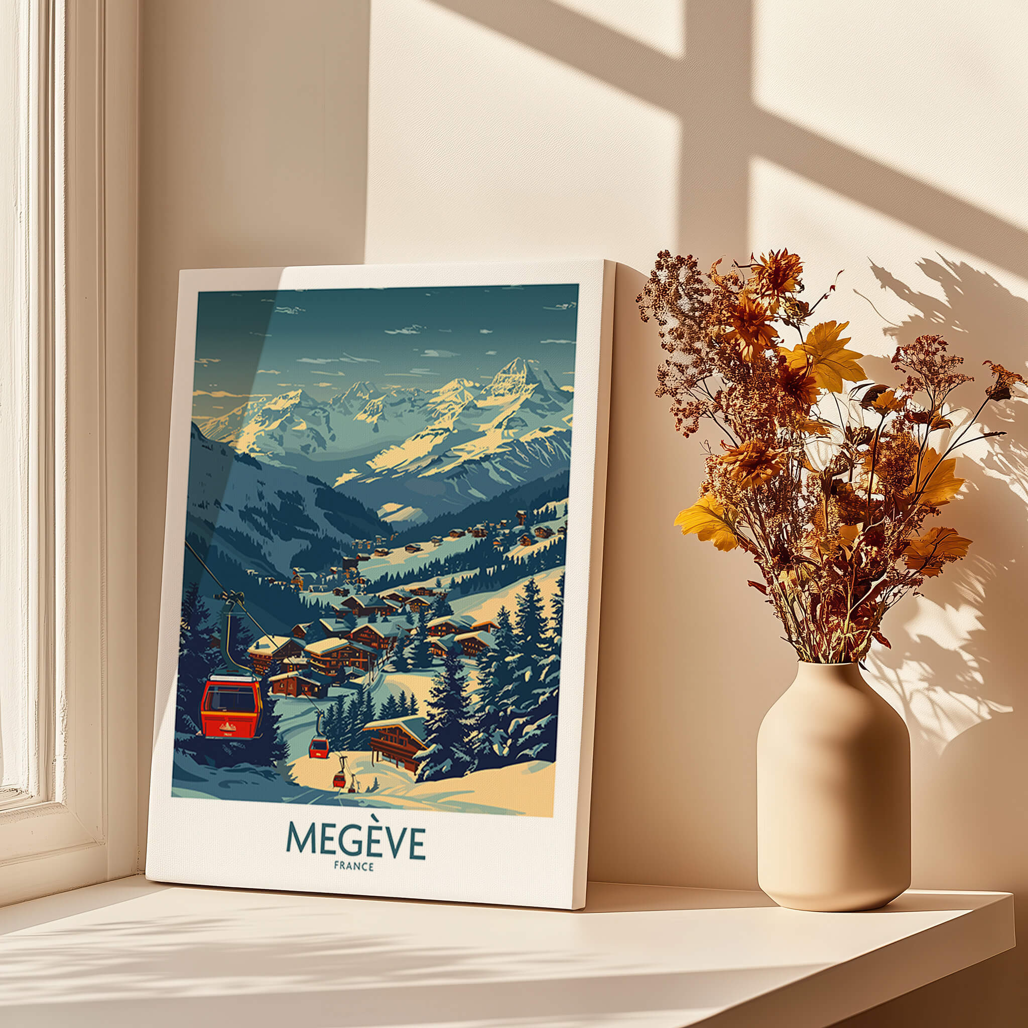 Megève Poster France Ski Print featuring a scenic view of a French Alps village and ski lift.