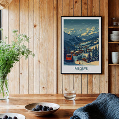 Megève Poster France Ski Print displayed in a cozy home setting with wooden decor and alpine views.