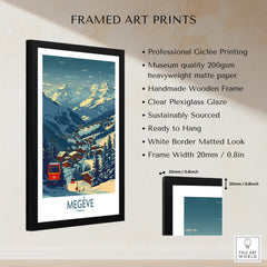 Megève Poster France Ski Print framed art print featuring snowy mountains and ski village in the Alps.