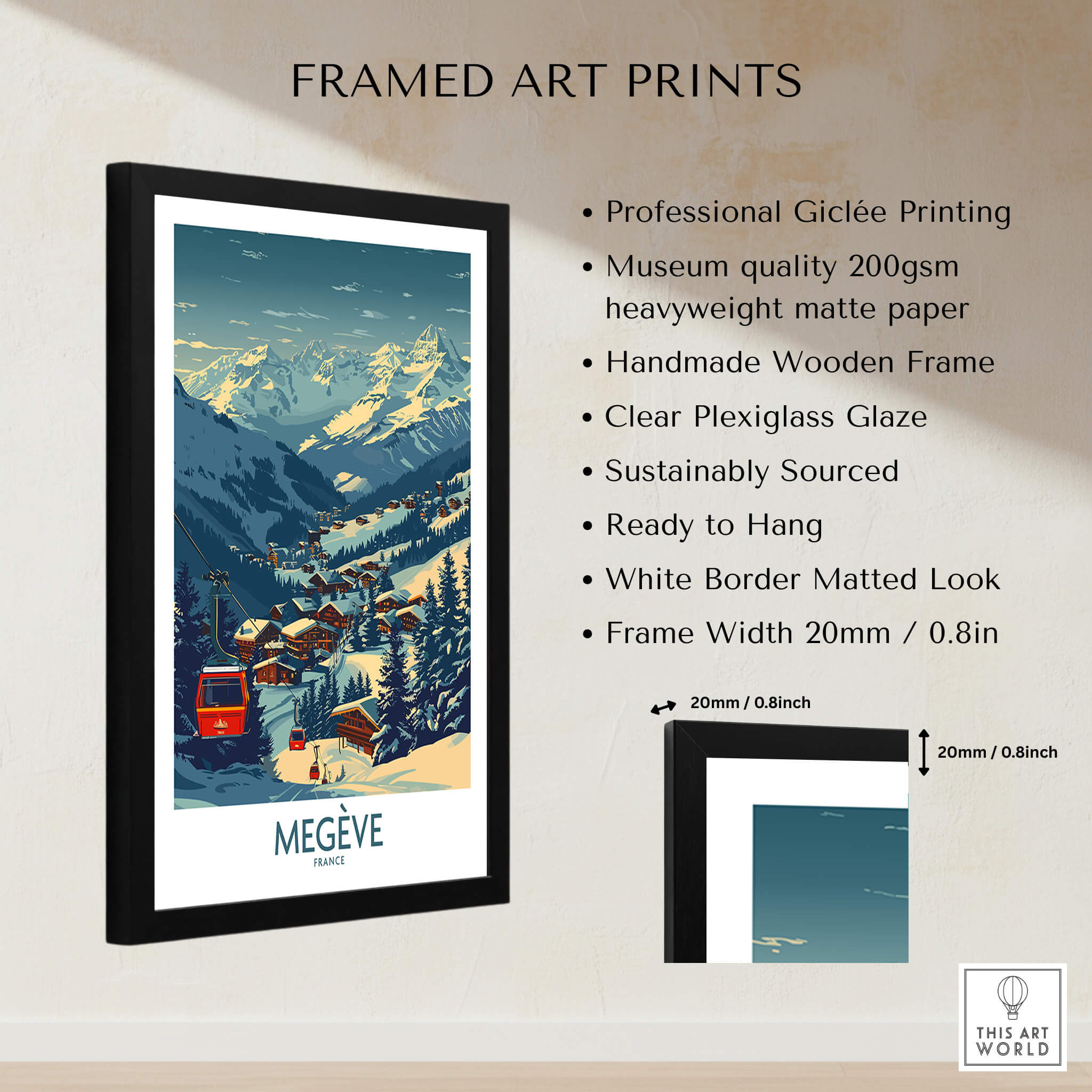Megève Poster France Ski Print framed art print featuring snowy mountains and ski village in the Alps.