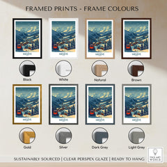 Megève Poster France Ski Print showcasing various frame colors including black, white, natural, brown, gold, silver, dark grey, and light grey.