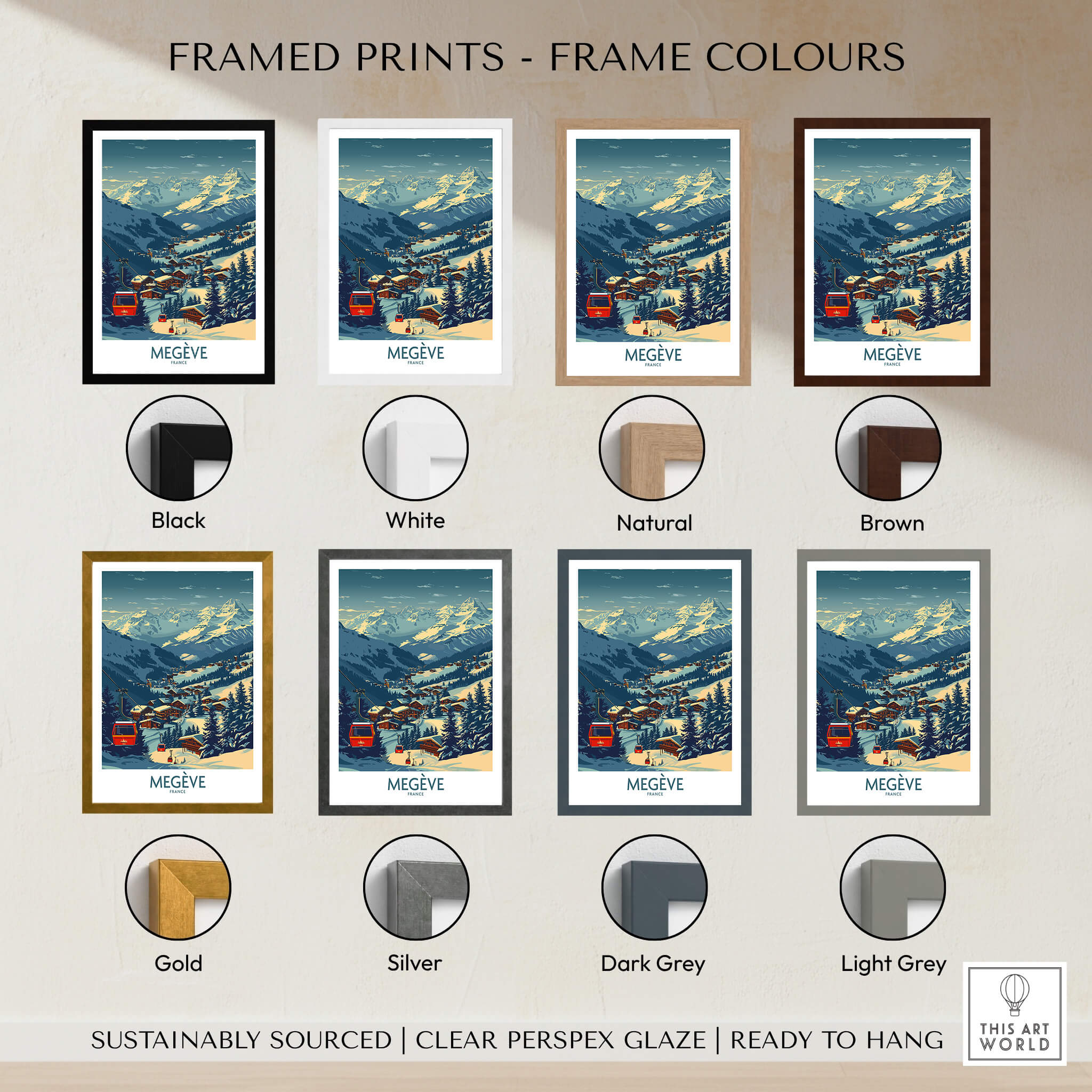 Megève Poster France Ski Print showcasing various frame colors including black, white, natural, brown, gold, silver, dark grey, and light grey.