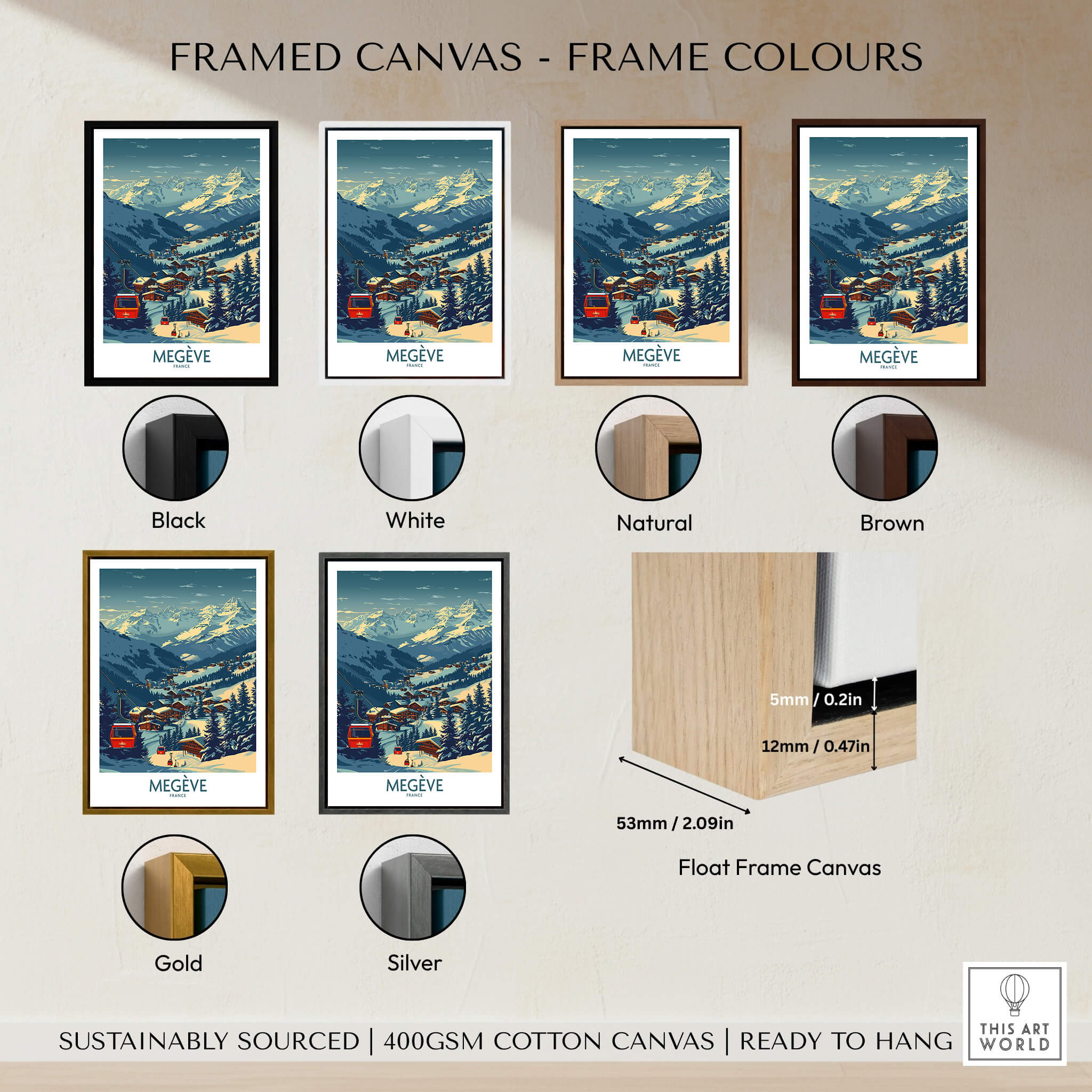 Megève Poster France Ski Print framed canvas options in various colors including Black, White, Natural, Brown, Gold, and Silver.