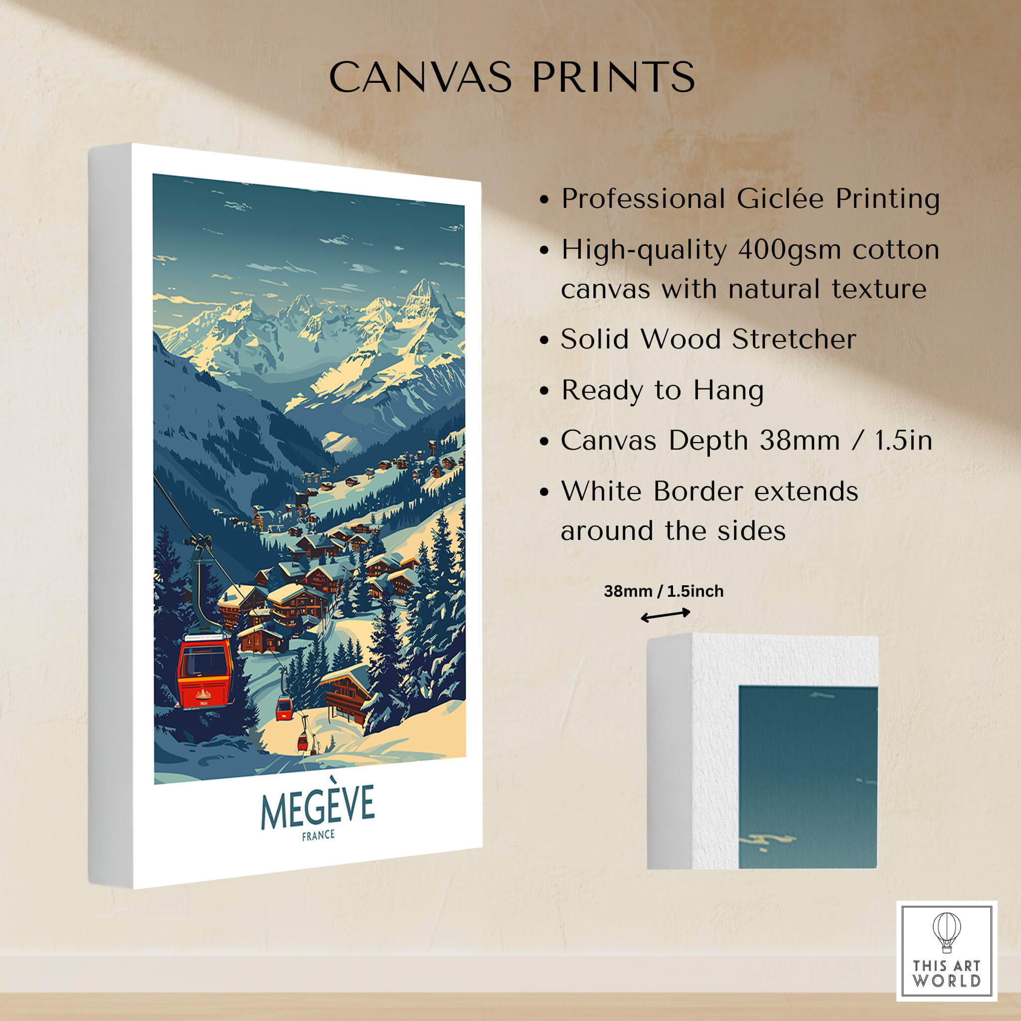 Megève Poster France Ski Print showcasing stunning landscape with ski lifts and mountains, perfect wall art for ski lovers.