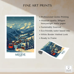 Megève Poster France Ski Print showcasing professional Giclée printing and stunning mountain scenery.