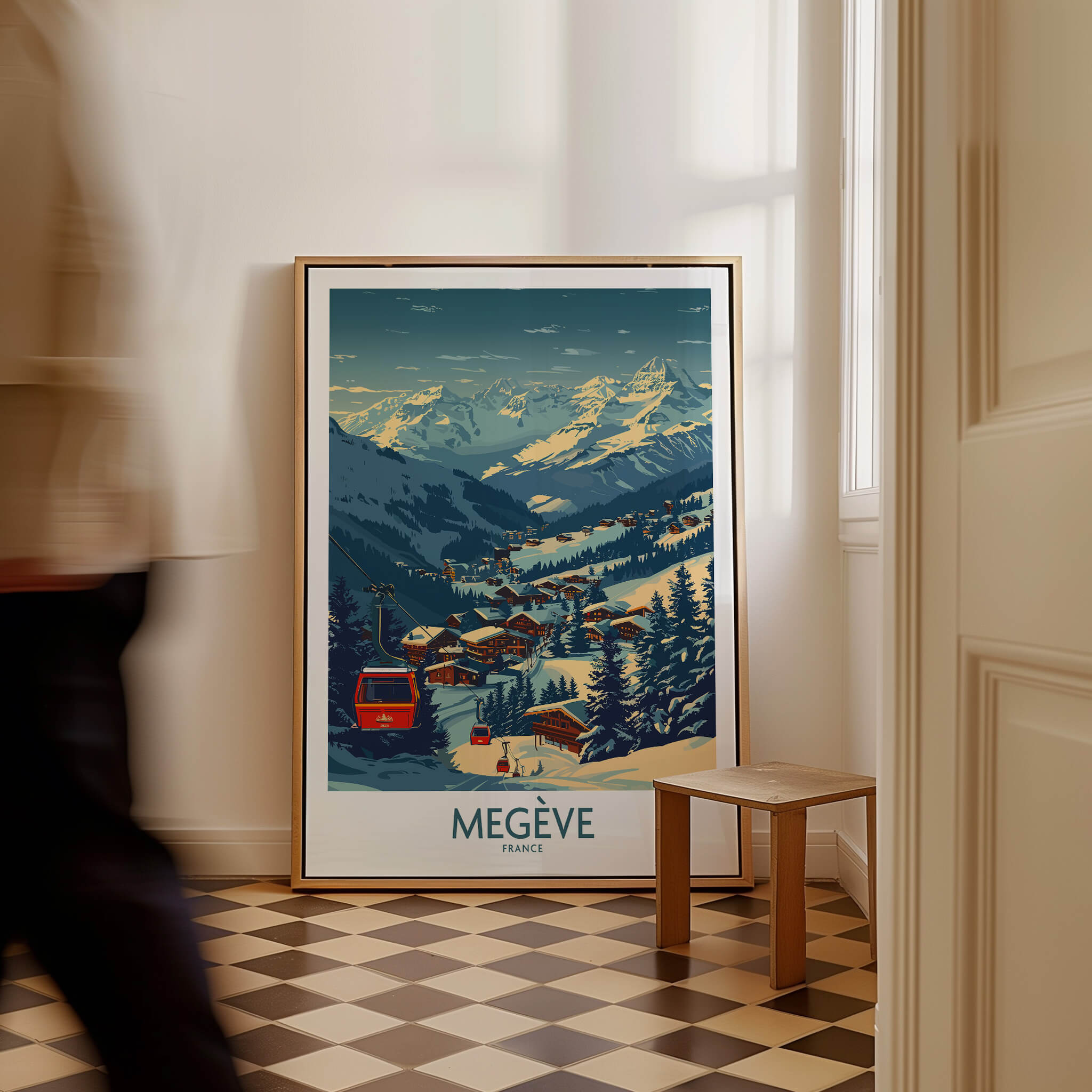 Megève Poster France Ski Print showcasing a picturesque view of the French Alps and a ski village.