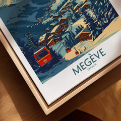Megève Poster France Ski Print featuring a ski lift in a charming alpine village scene.