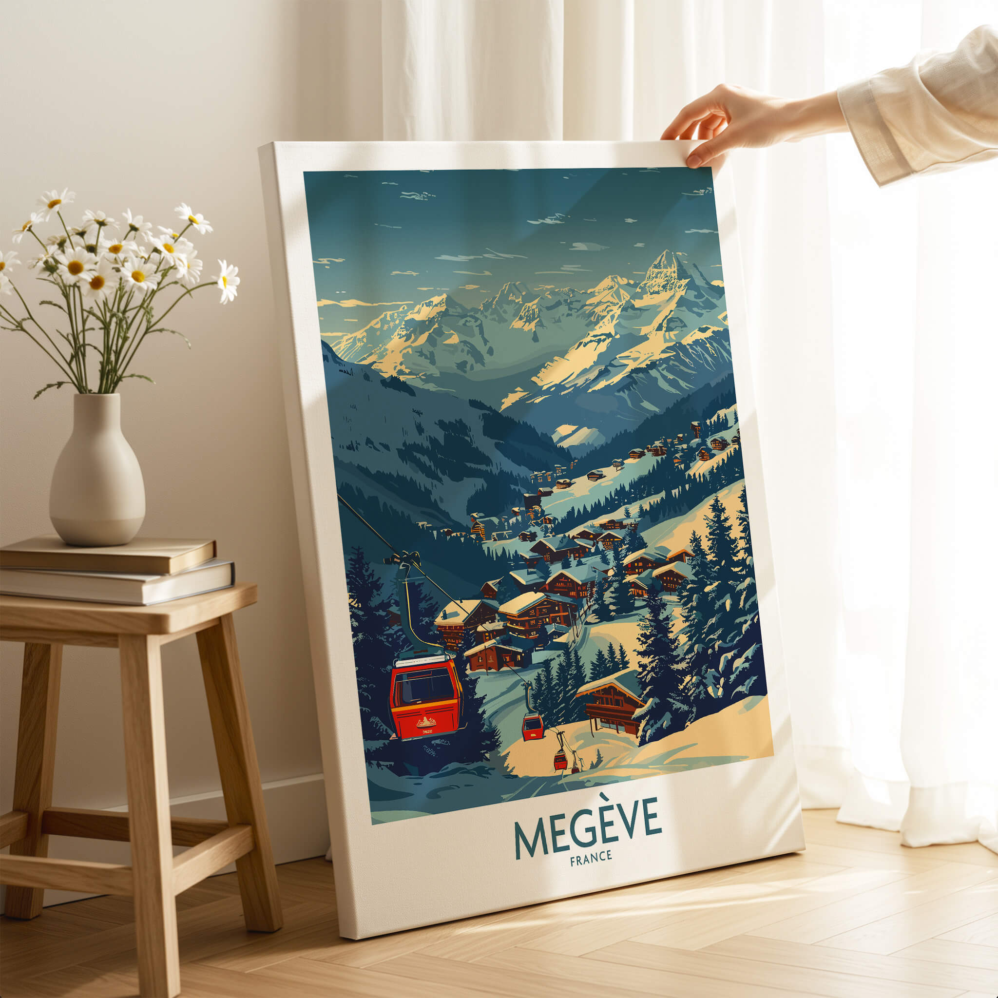 Megève Poster France Ski Print showcasing the stunning landscape and ski village of Megève in the French Alps.