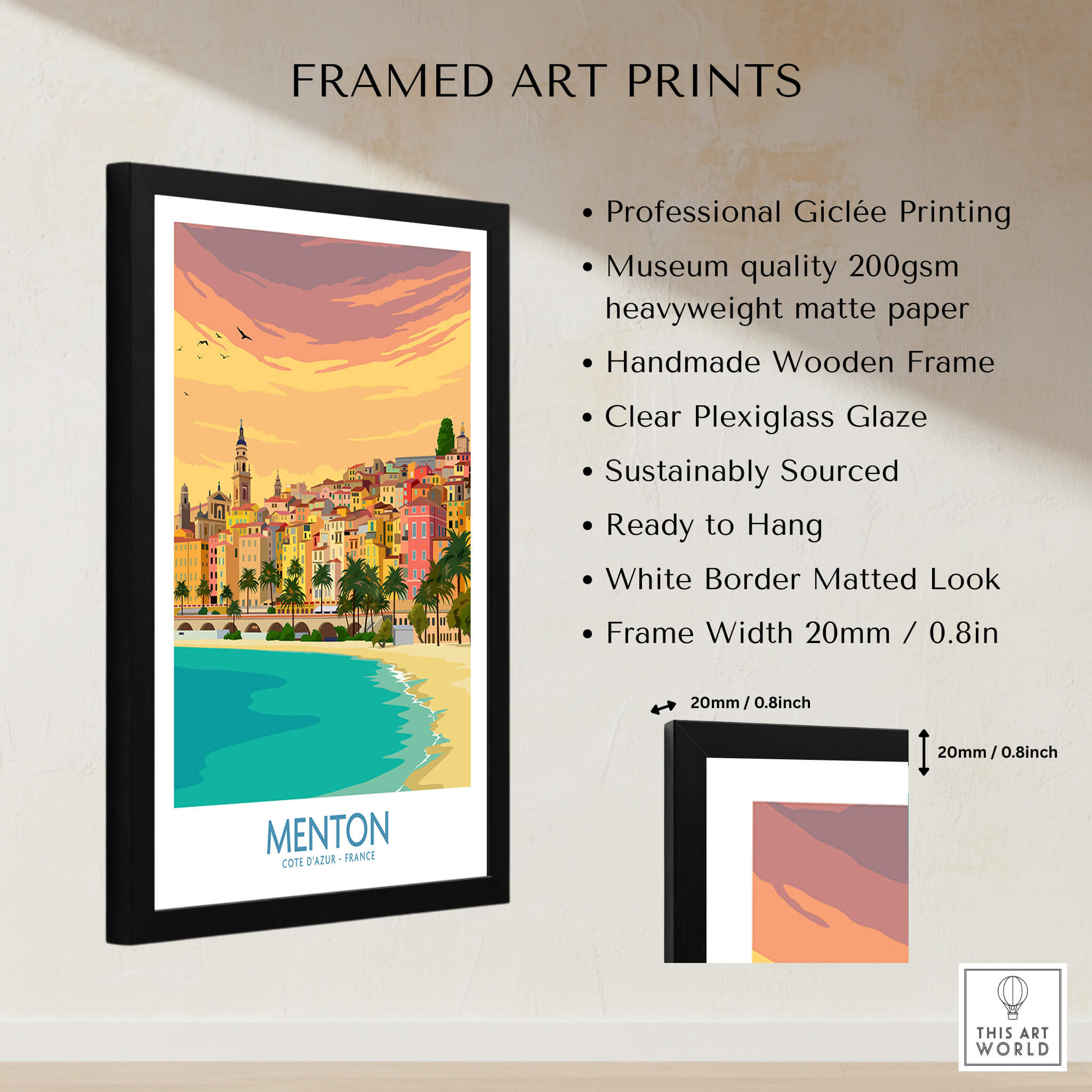 Menton Cote d'Azur Poster Print in a black frame showcasing the beauty of Menton, France.
