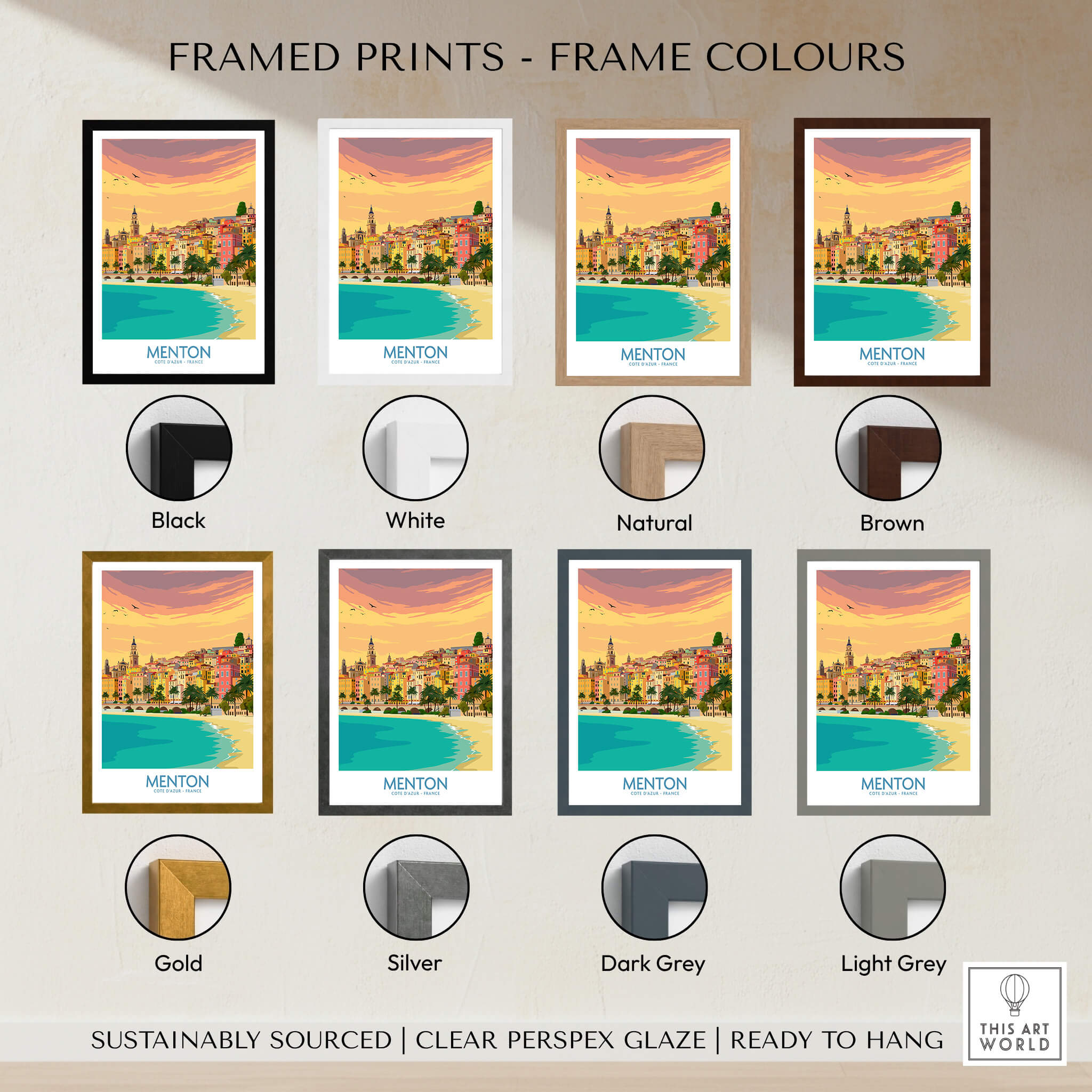 Menton Cote d'Azur Poster Print showcased in various frame colors available for purchase.