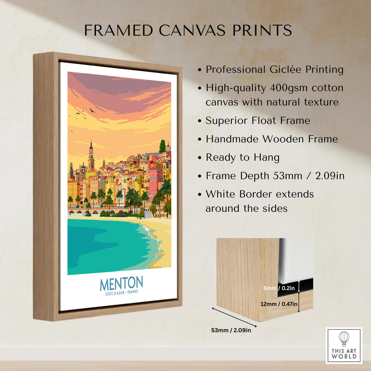 Menton Cote d'Azur Poster Print in a framed canvas print with a natural wood frame.