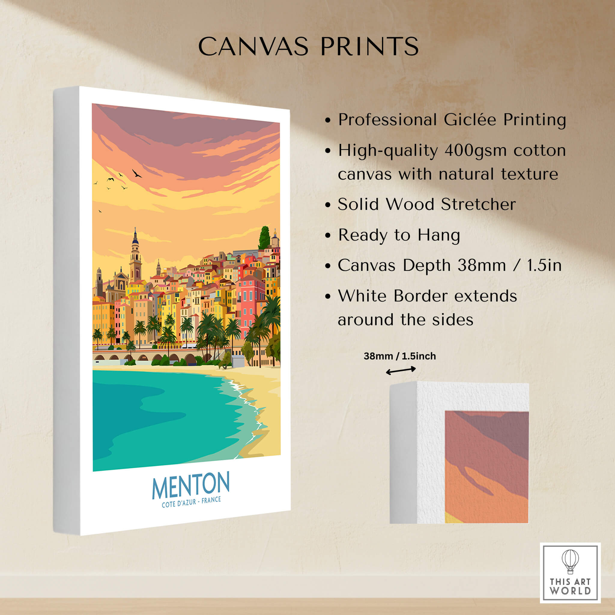 Menton Cote d'Azur Poster Print showcasing vibrant colors of the French Riviera on canvas.