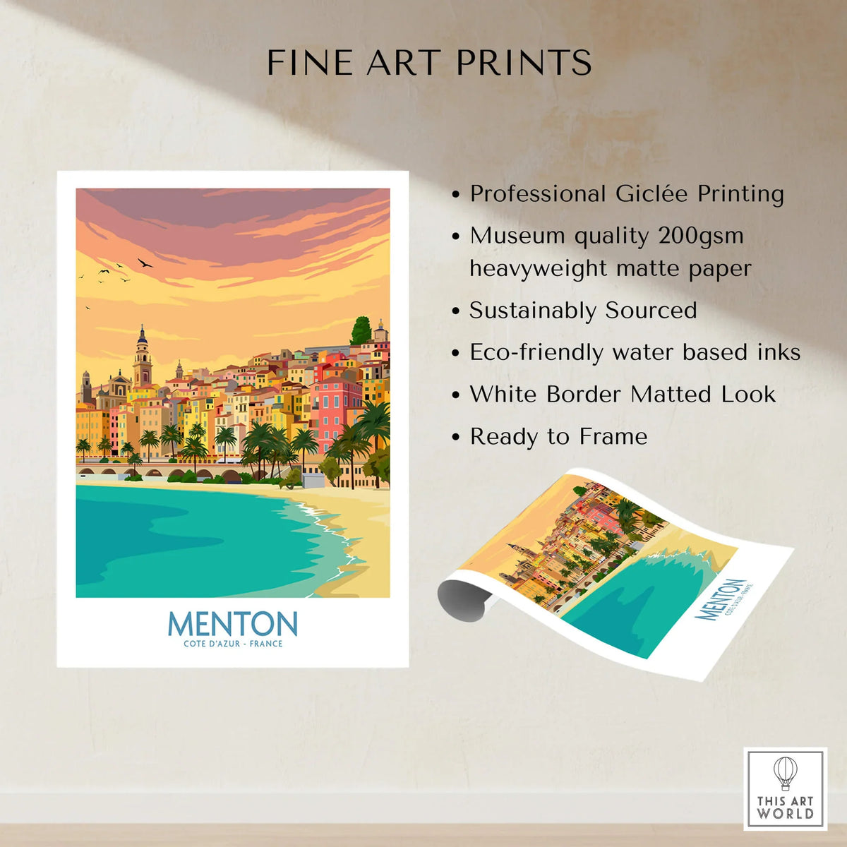 Menton Cote d'Azur Poster Print showcasing the beauty of Menton with vibrant colors and details.