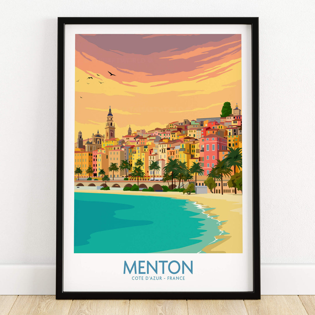 Menton Cote d'Azur Poster Print featuring a colorful view of Menton with the beach and charming architecture.