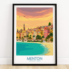 Menton Cote d'Azur Poster Print featuring a colorful view of Menton with the beach and charming architecture.