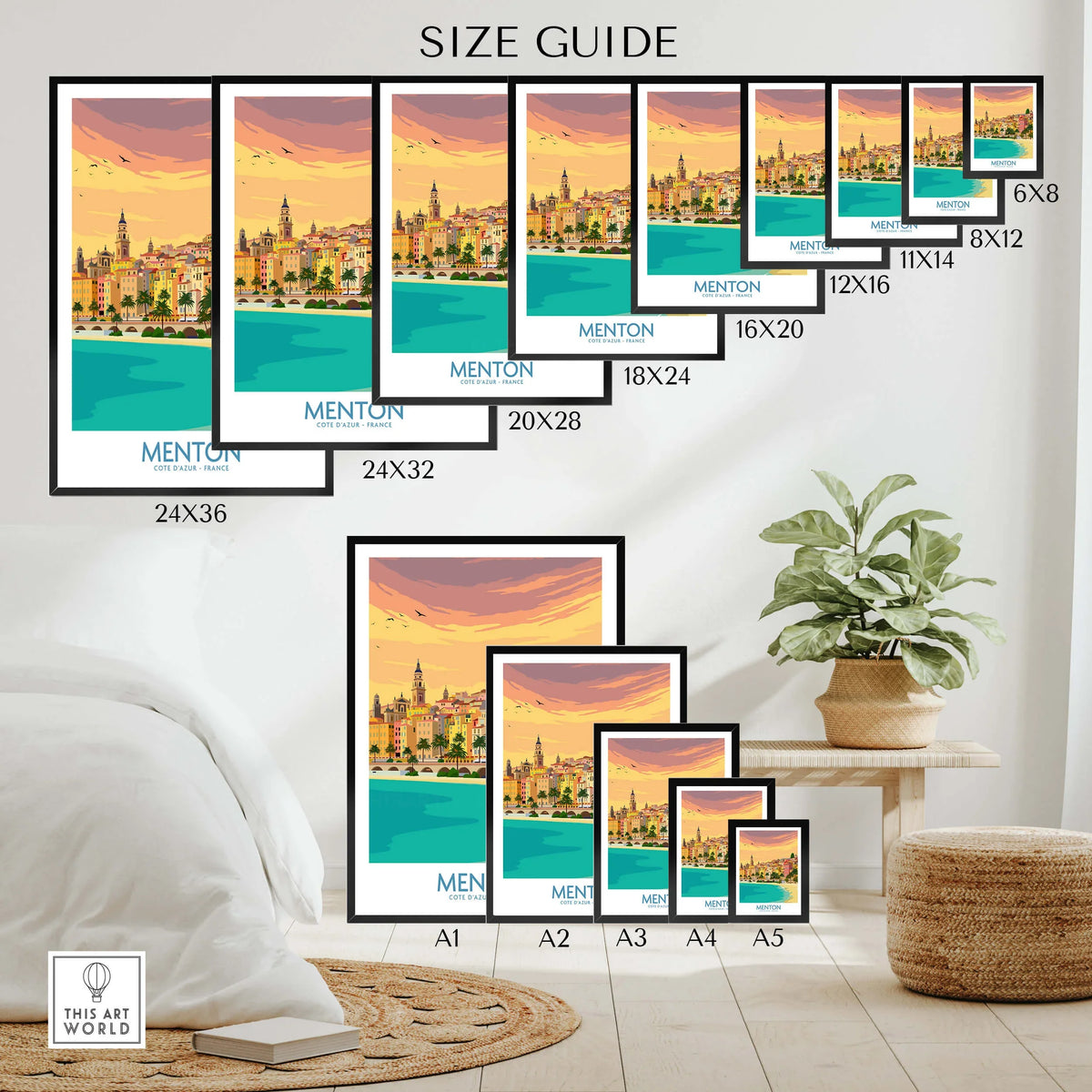 Menton Cote d'Azur Poster Print Size Guide with various dimensions displayed.