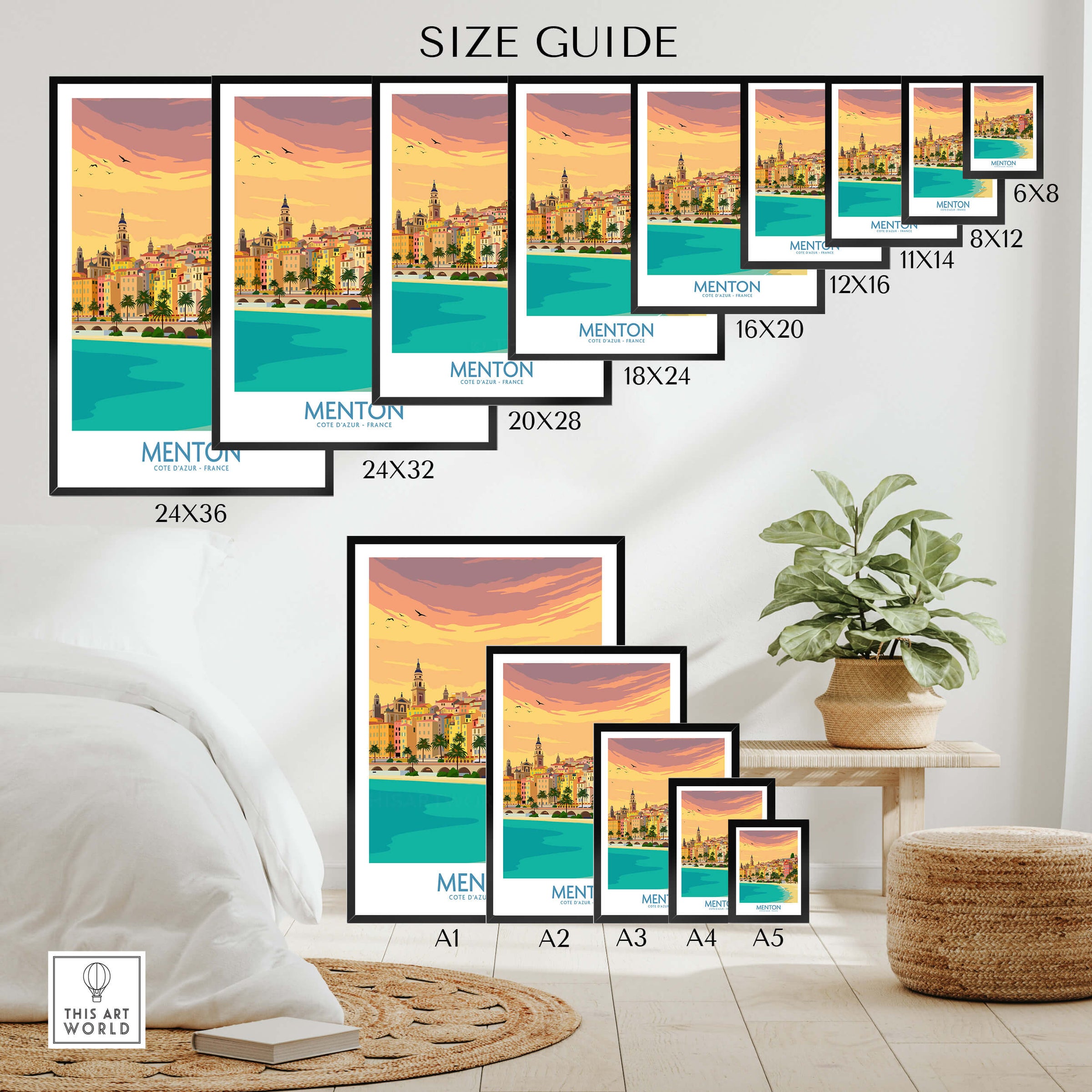 Menton Cote d'Azur Poster Print Size Guide with various dimensions displayed.