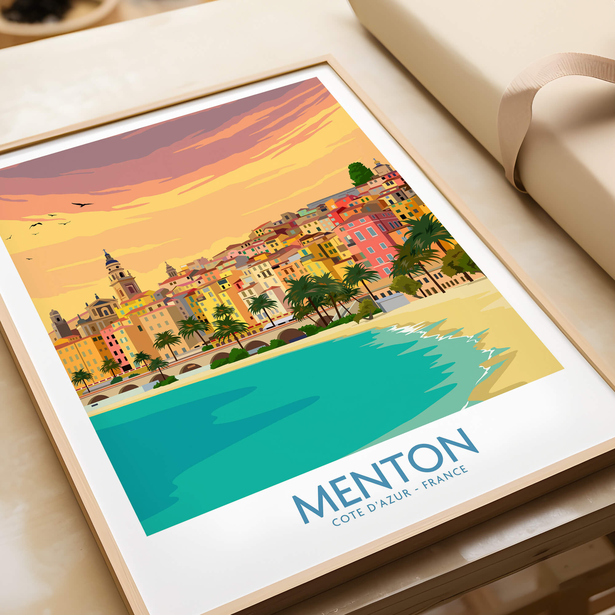 Menton Cote d'Azur Poster Print showcasing Menton's colorful buildings and turquoise waters.