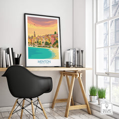Menton Cote d'Azur Poster Print displayed in a stylish office setting, showcasing the beauty of Menton.