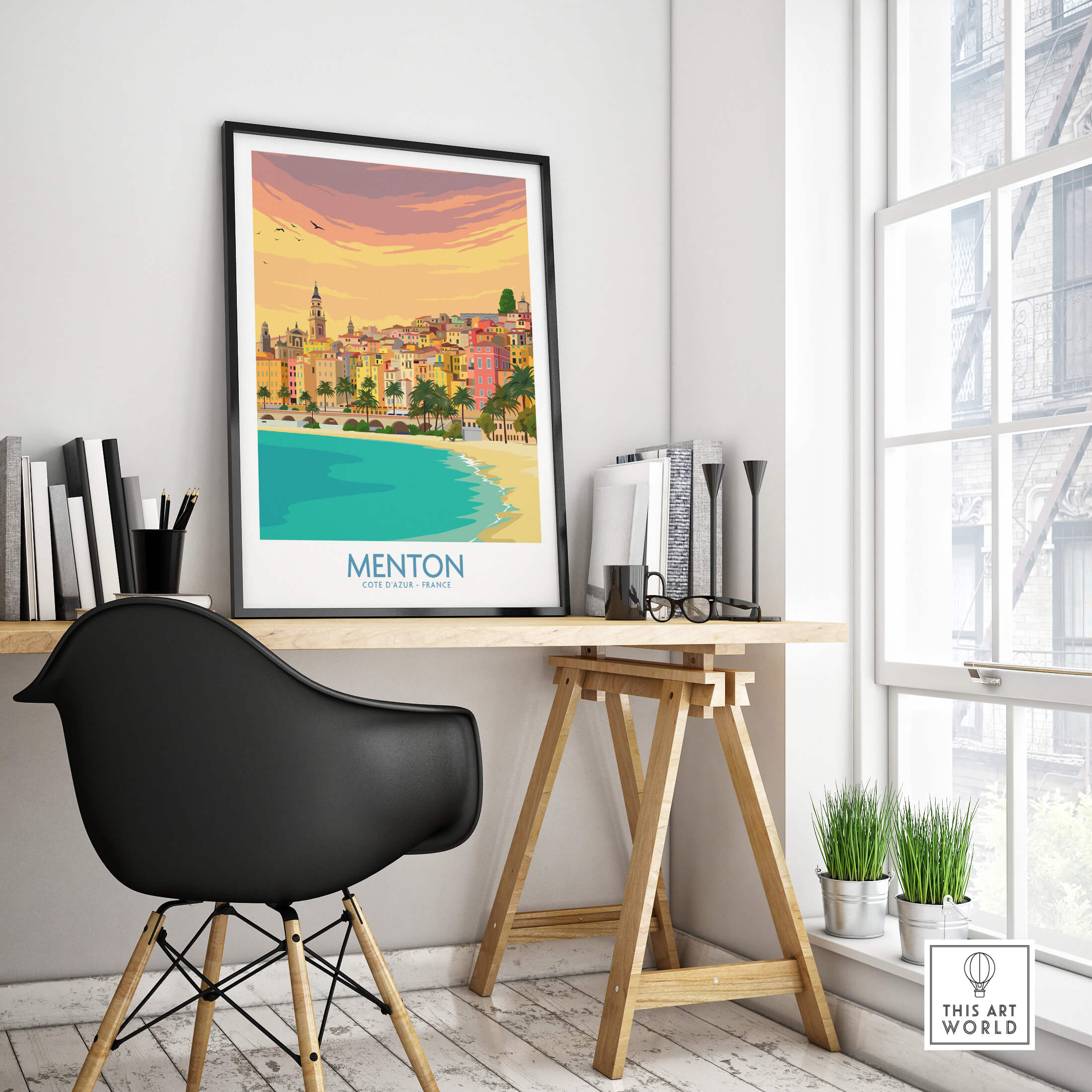 Menton Cote d'Azur Poster Print displayed in a stylish office setting, showcasing the beauty of Menton.