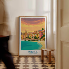Menton Cote d'Azur Poster Print featuring colorful buildings and beach in Menton, France.
