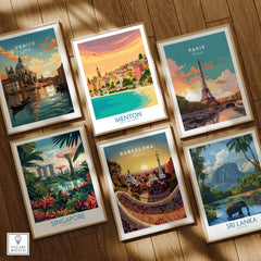 Menton Cote d'Azur Poster Print featuring vibrant scenes from Menton against a backdrop of iconic travel destinations.