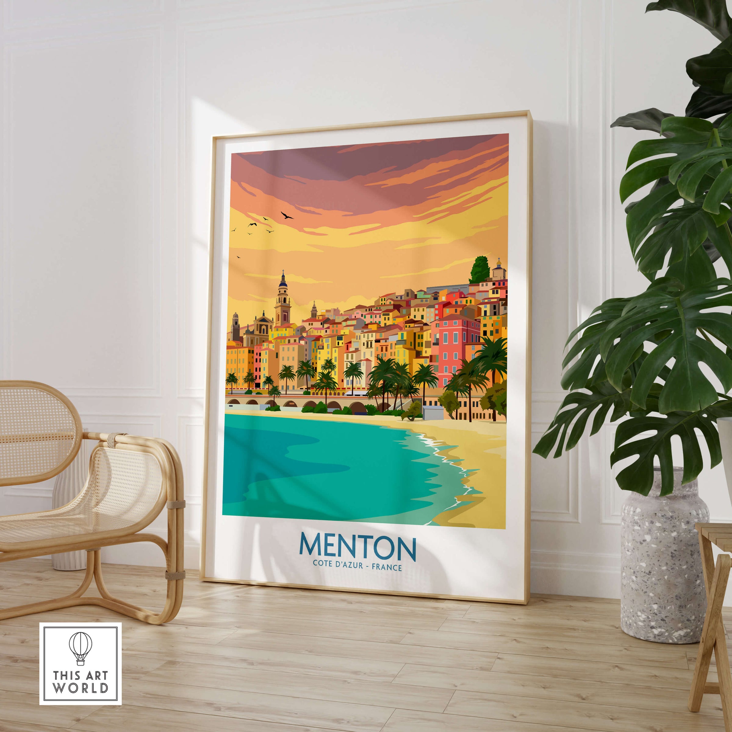Menton Cote d'Azur Poster Print showcasing colorful buildings and serene waters of Menton, perfect for home decor.