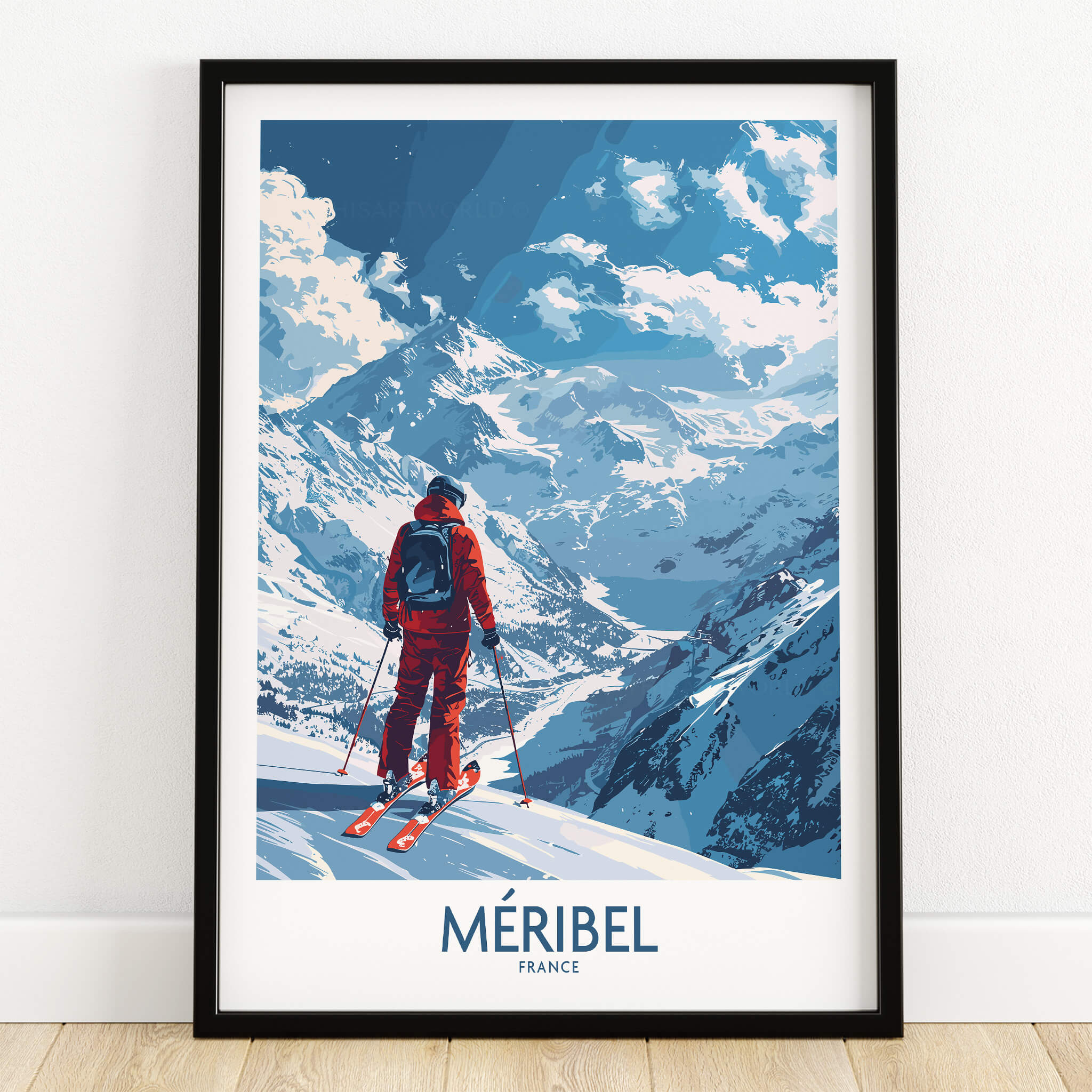 Meribel Ski Print - France, vibrant illustration of a skier overlooking snow-covered mountains in Meribel.