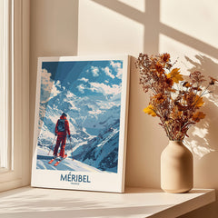 Meribel Ski Print - France featuring a skier overlooking stunning mountain scenery.