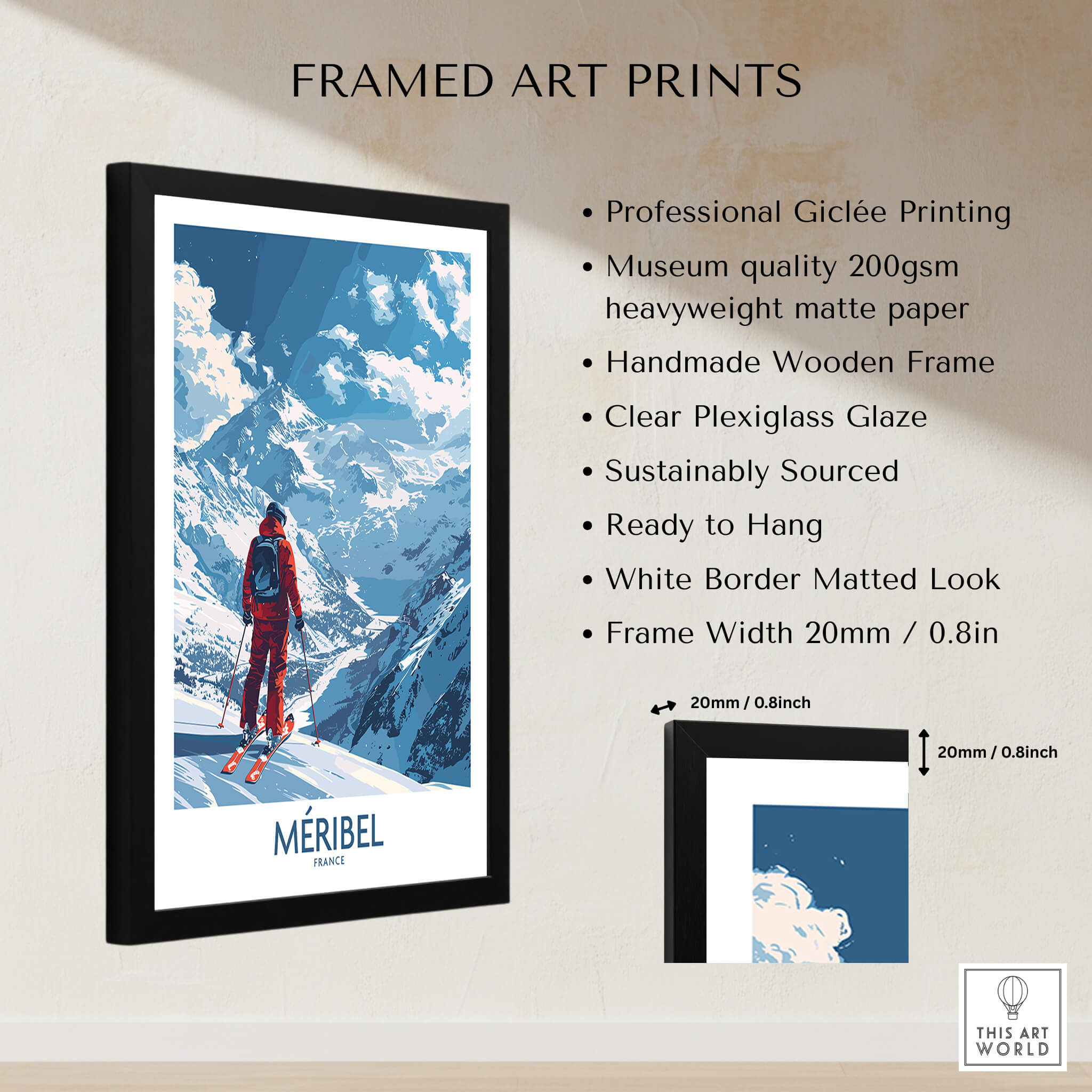 Meribel Ski Print - France framed wall art showcasing ski slopes and mountains.
