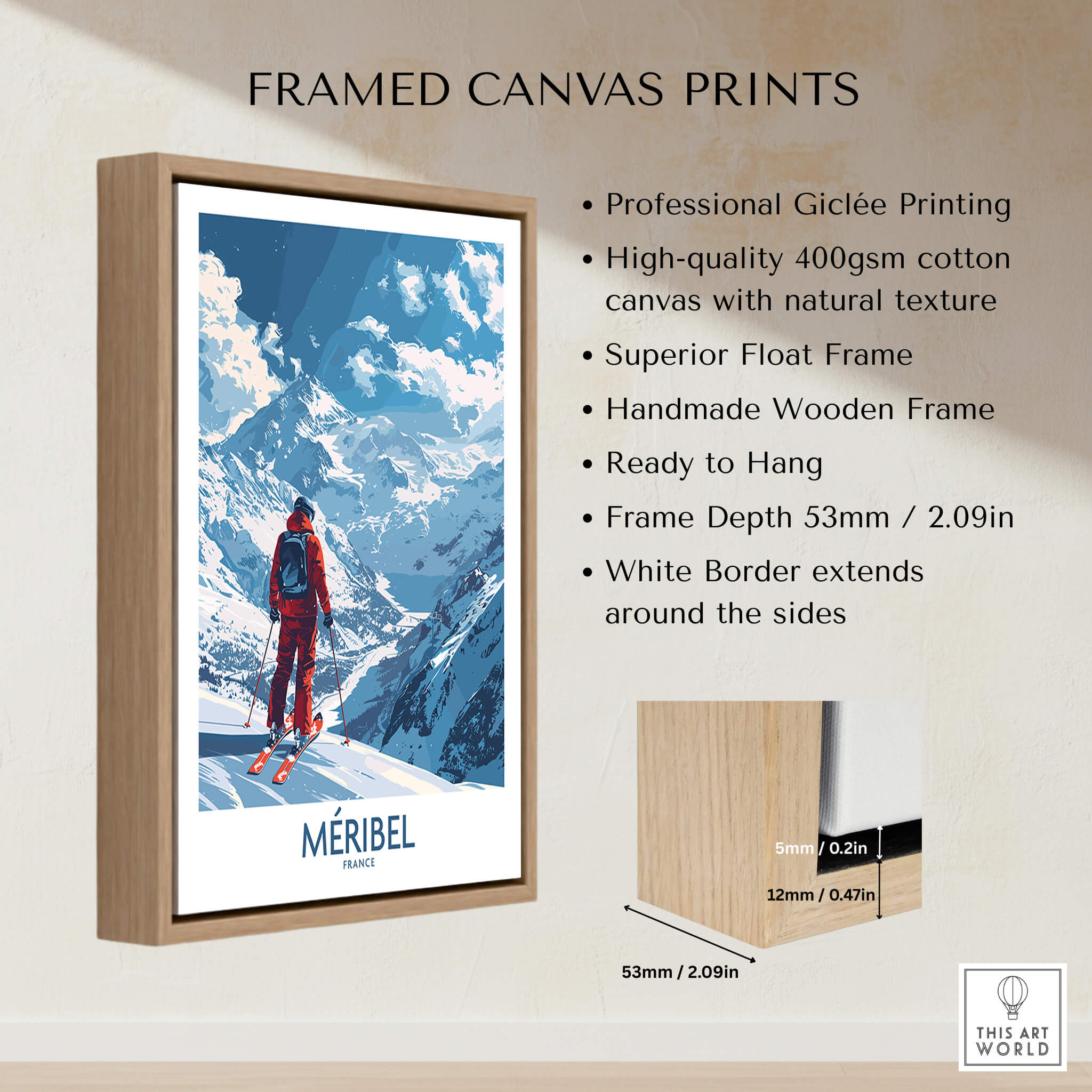 Framed Meribel Ski Print - France featuring a skier on a snowy slope with natural wooden frame and white border.