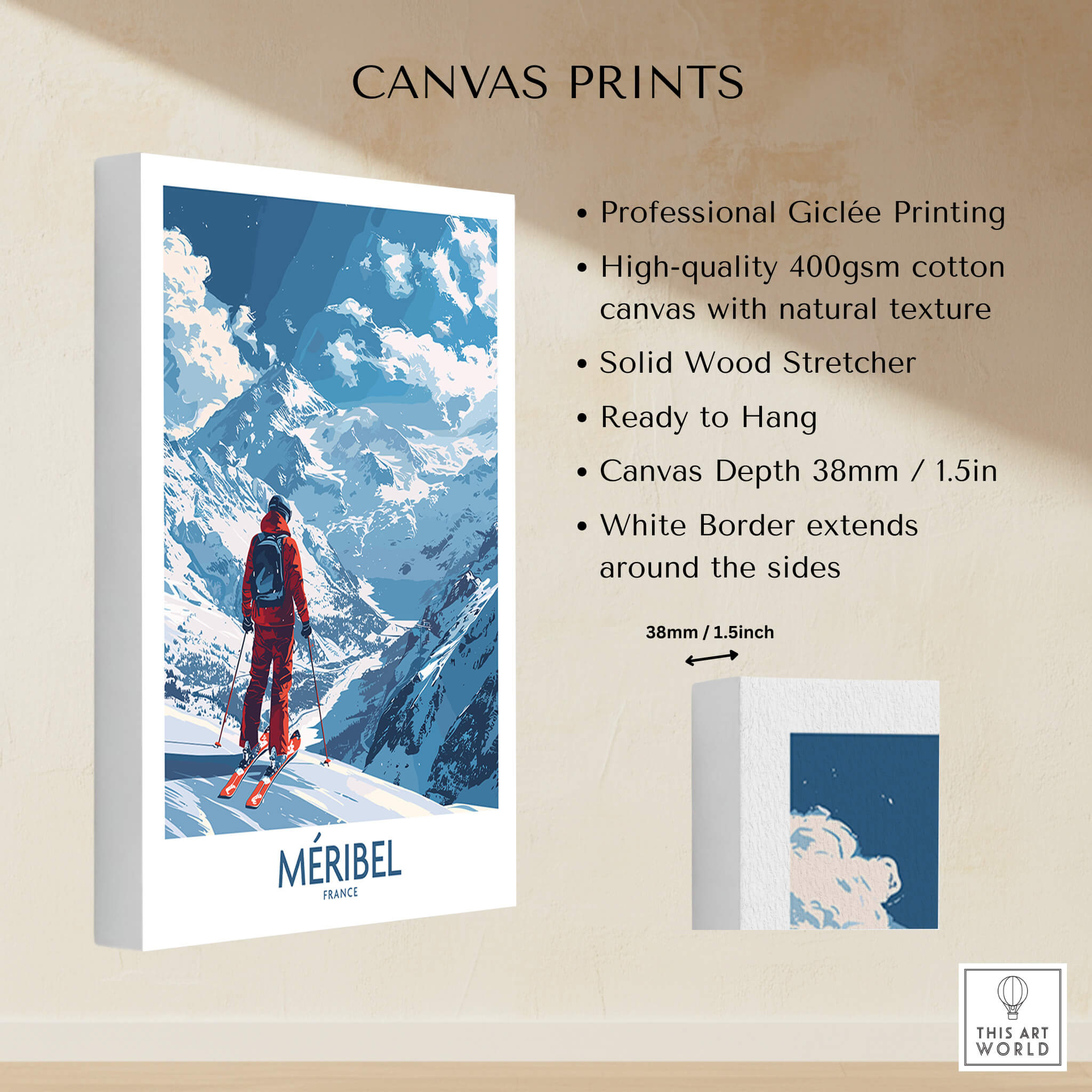 Meribel Ski Print - France displayed on a wall with professional Giclée printing and high-quality canvas.