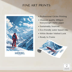 Meribel Ski Print - France showcasing a vibrant skier in the breathtaking backdrop of Meribel, France. Perfect ski wall art.