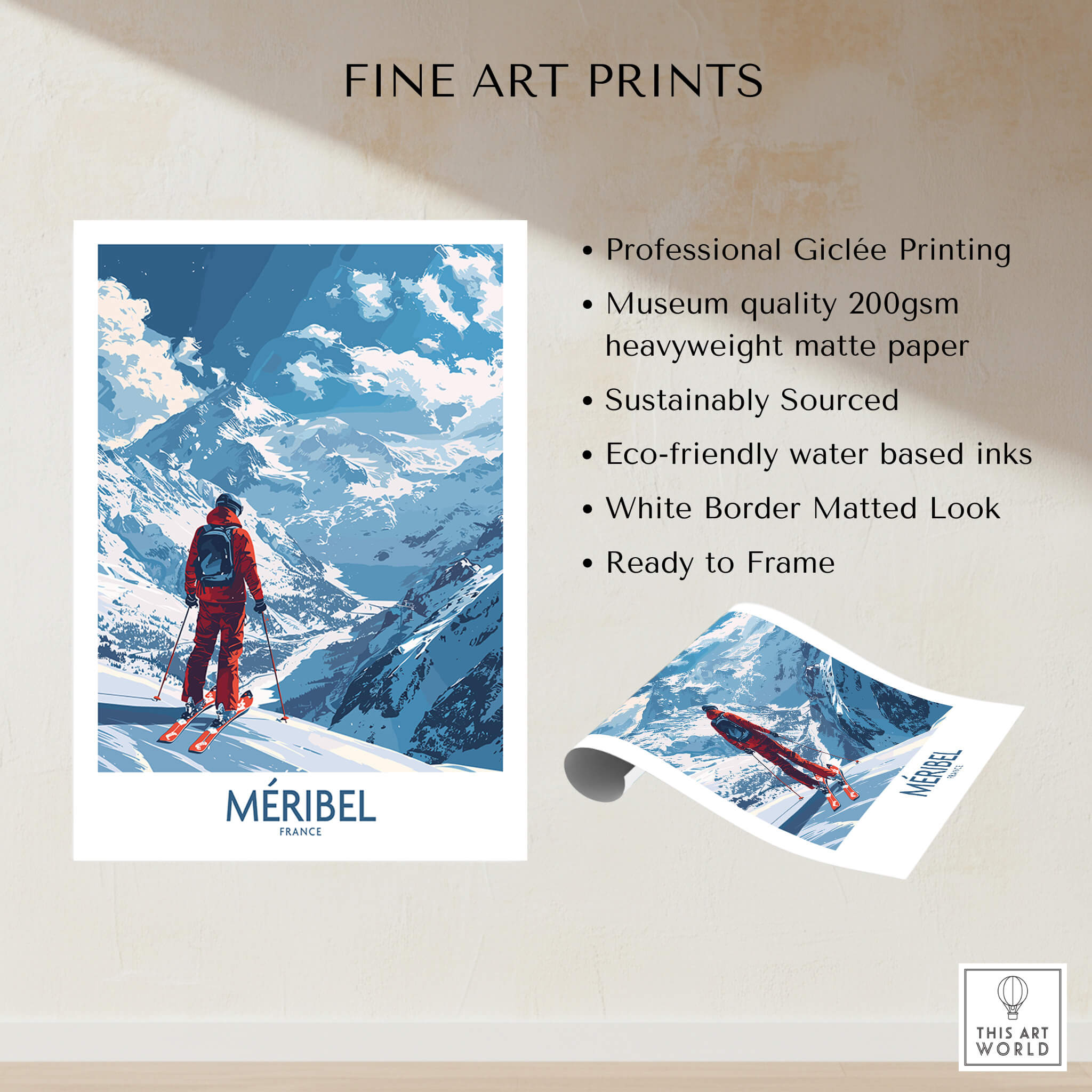 Meribel Ski Print - France showcasing a vibrant skier in the breathtaking backdrop of Meribel, France. Perfect ski wall art.