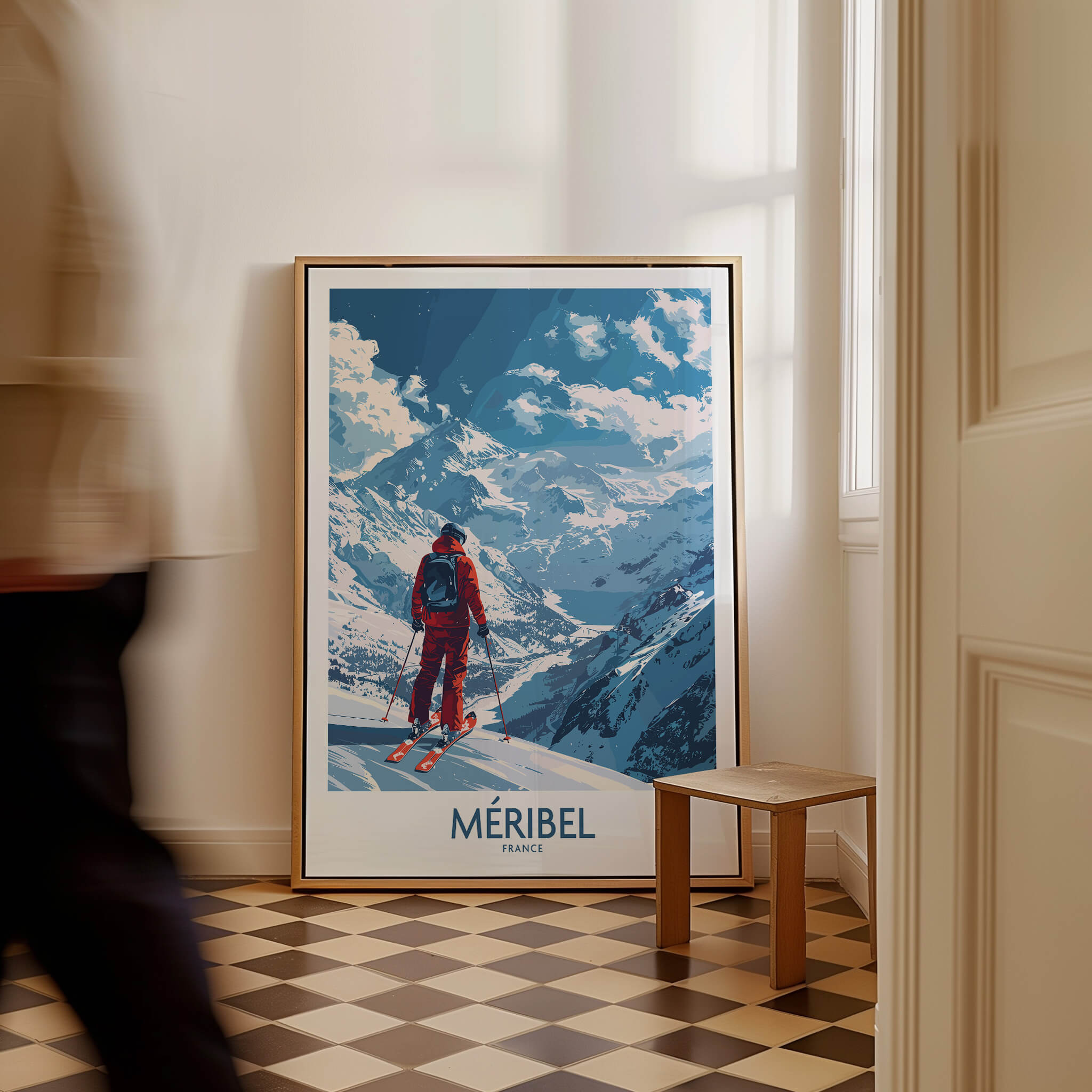 Meribel Ski Print - France displayed in a stylish interior, showcasing the beauty of ski adventures.