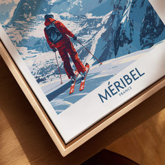 Meribel Ski Print - France featuring a skier in a vibrant red outfit on snowy slopes with mountains in the background.