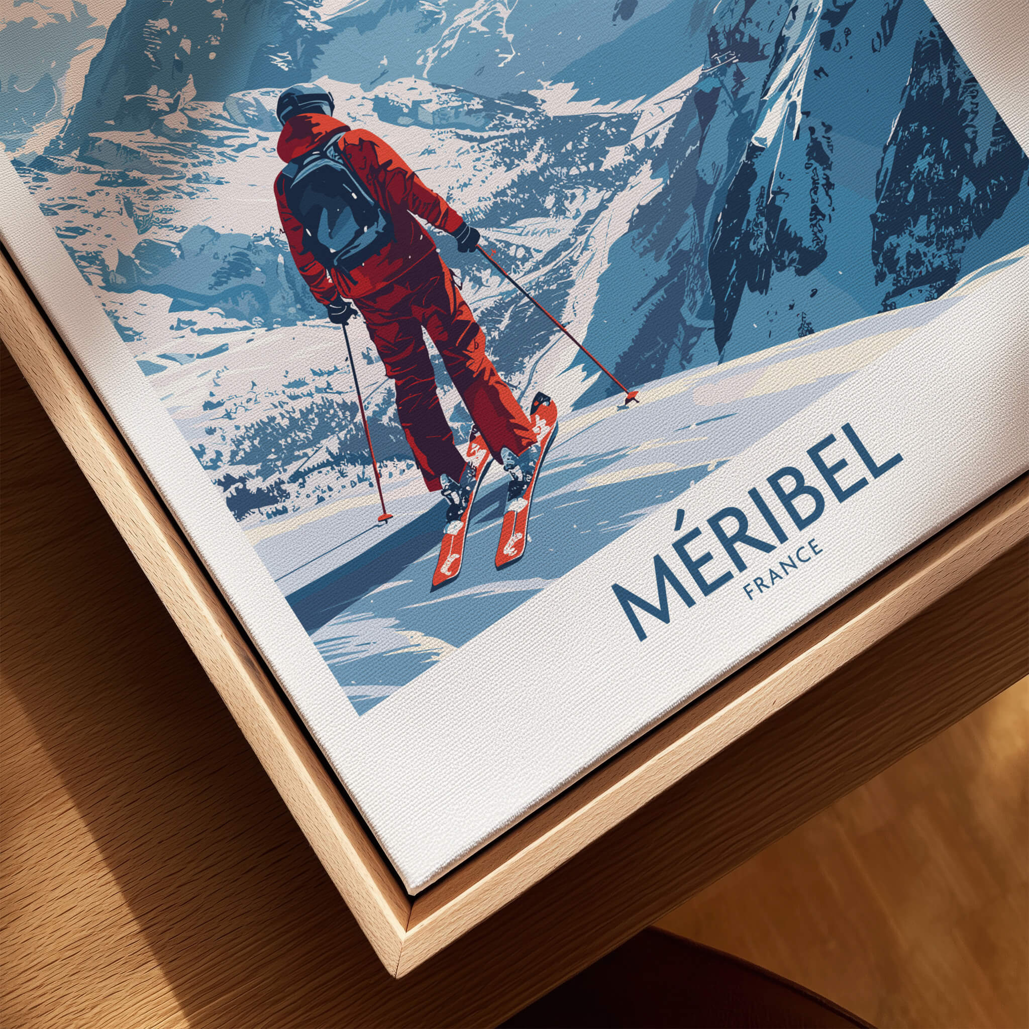Meribel Ski Print - France featuring a skier in a vibrant red outfit on snowy slopes with mountains in the background.