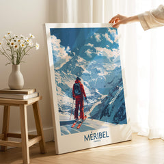 Meribel Ski Print -  France showcasing a skier against a stunning mountain backdrop.