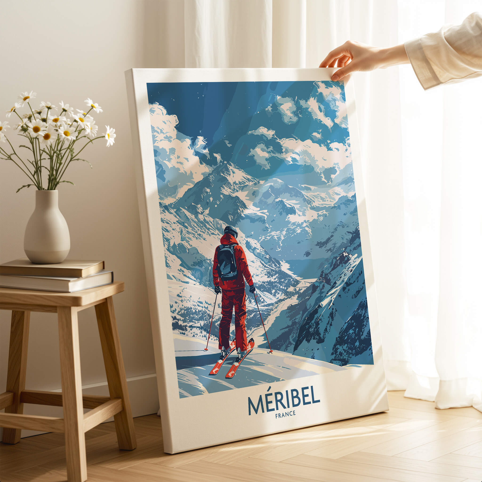Meribel Ski Print -  France showcasing a skier against a stunning mountain backdrop.