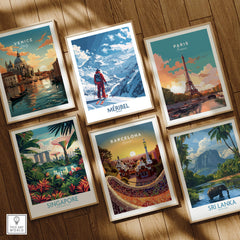 Collection of travel prints including Meribel Ski Print - France and other destinations like Venice and Paris.