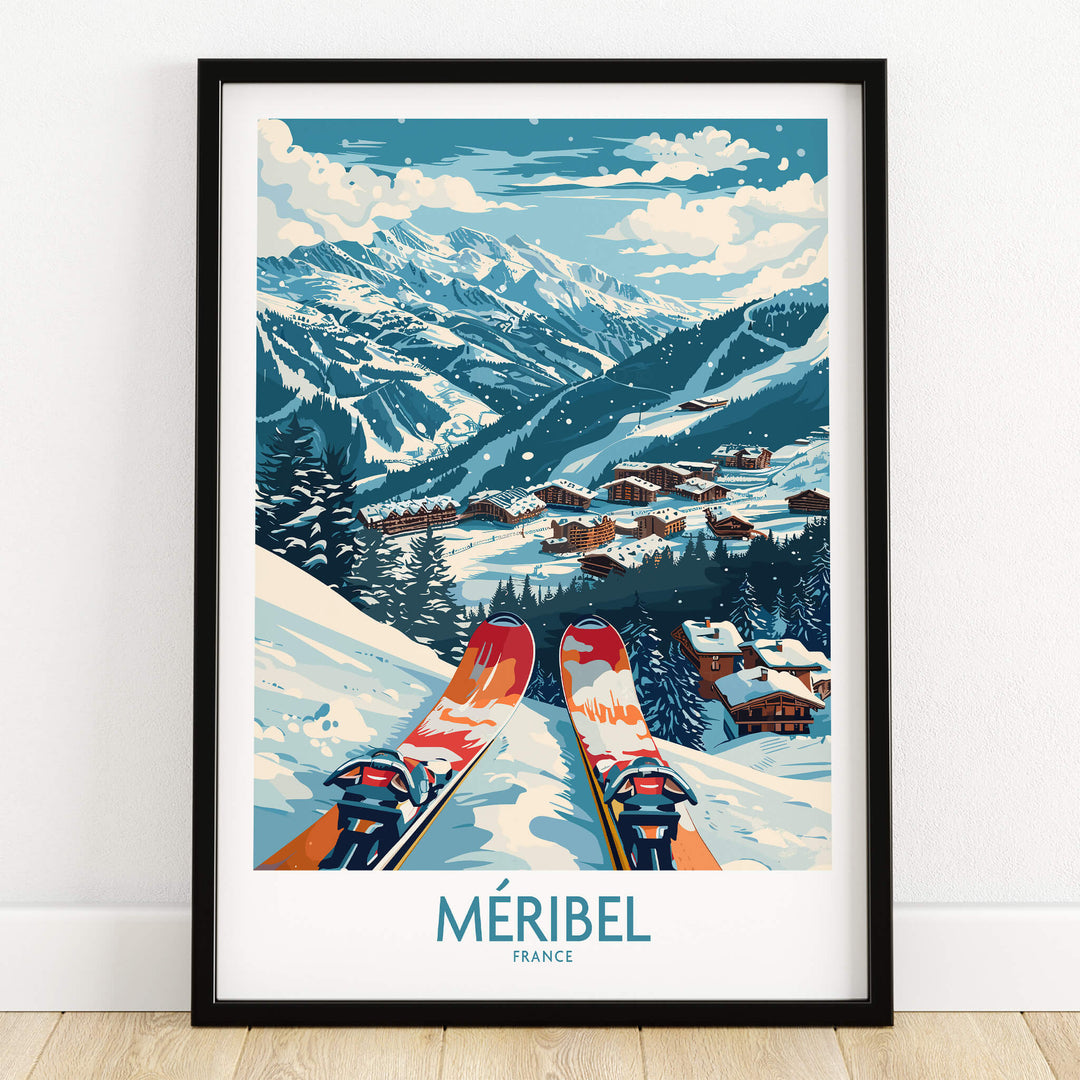 Meribel Wall Art Ski Print - France featuring a vibrant alpine scene with skis and snowy mountains.