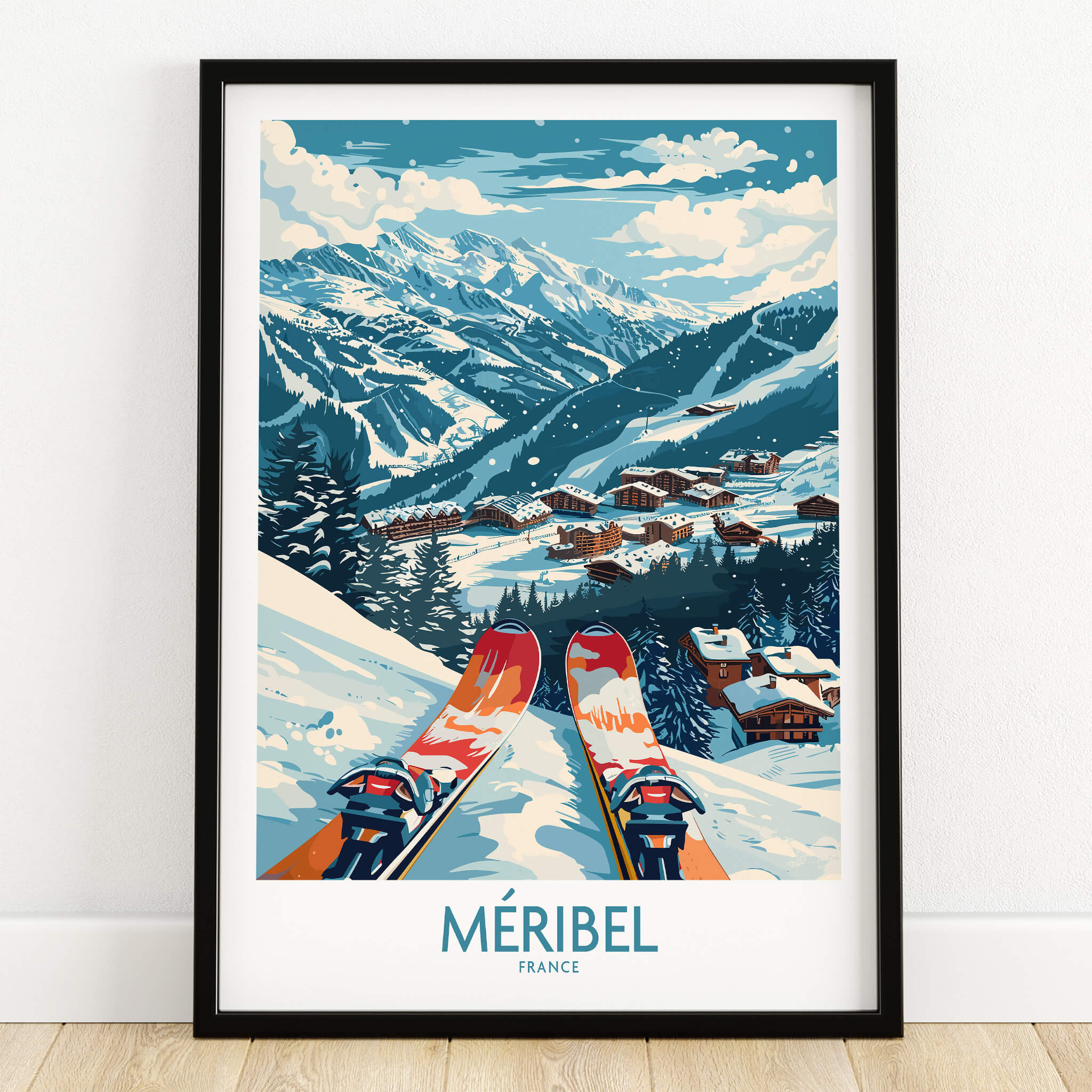 Meribel Wall Art Ski Print - France featuring a vibrant alpine scene with skis and snowy mountains.