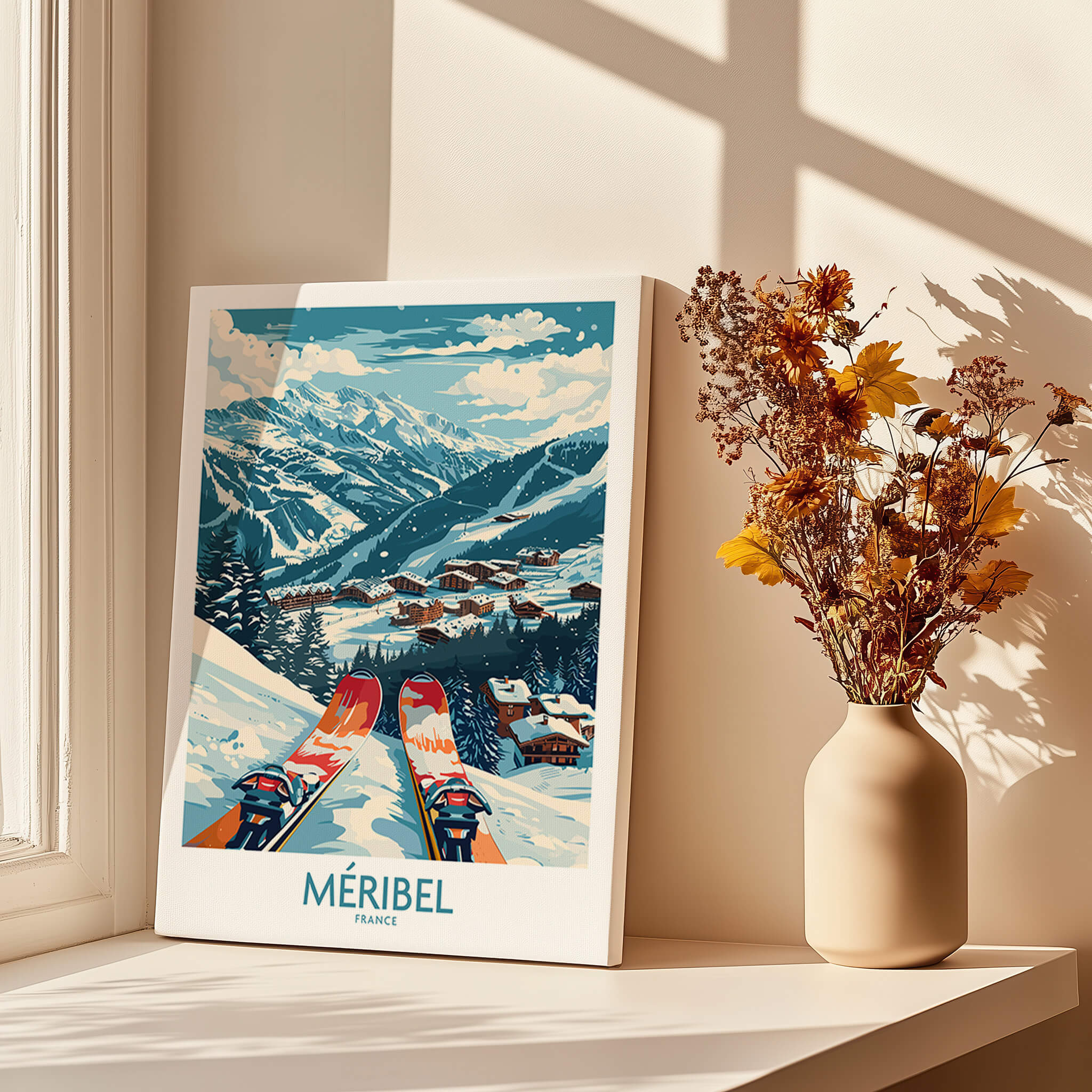 Meribel Wall Art Ski Print - France showcasing vibrant alpine scenery and skiing slopes.