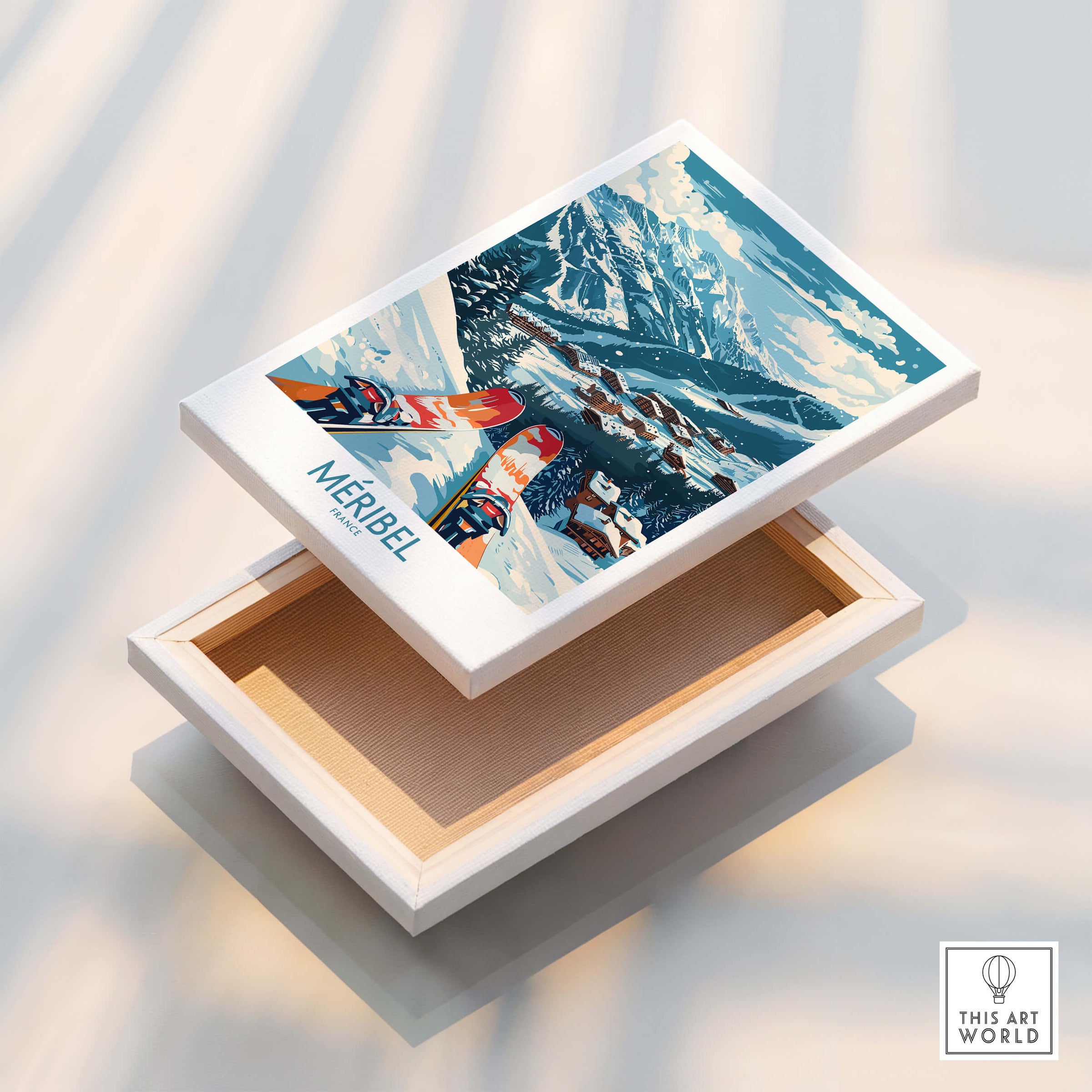 Meribel Wall Art Ski Print - France in a stylish wooden box showcasing stunning alpine scenery.