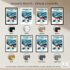 Framed Meribel Wall Art Ski Print - France showcasing various frame colors including black, white, natural, and brown.