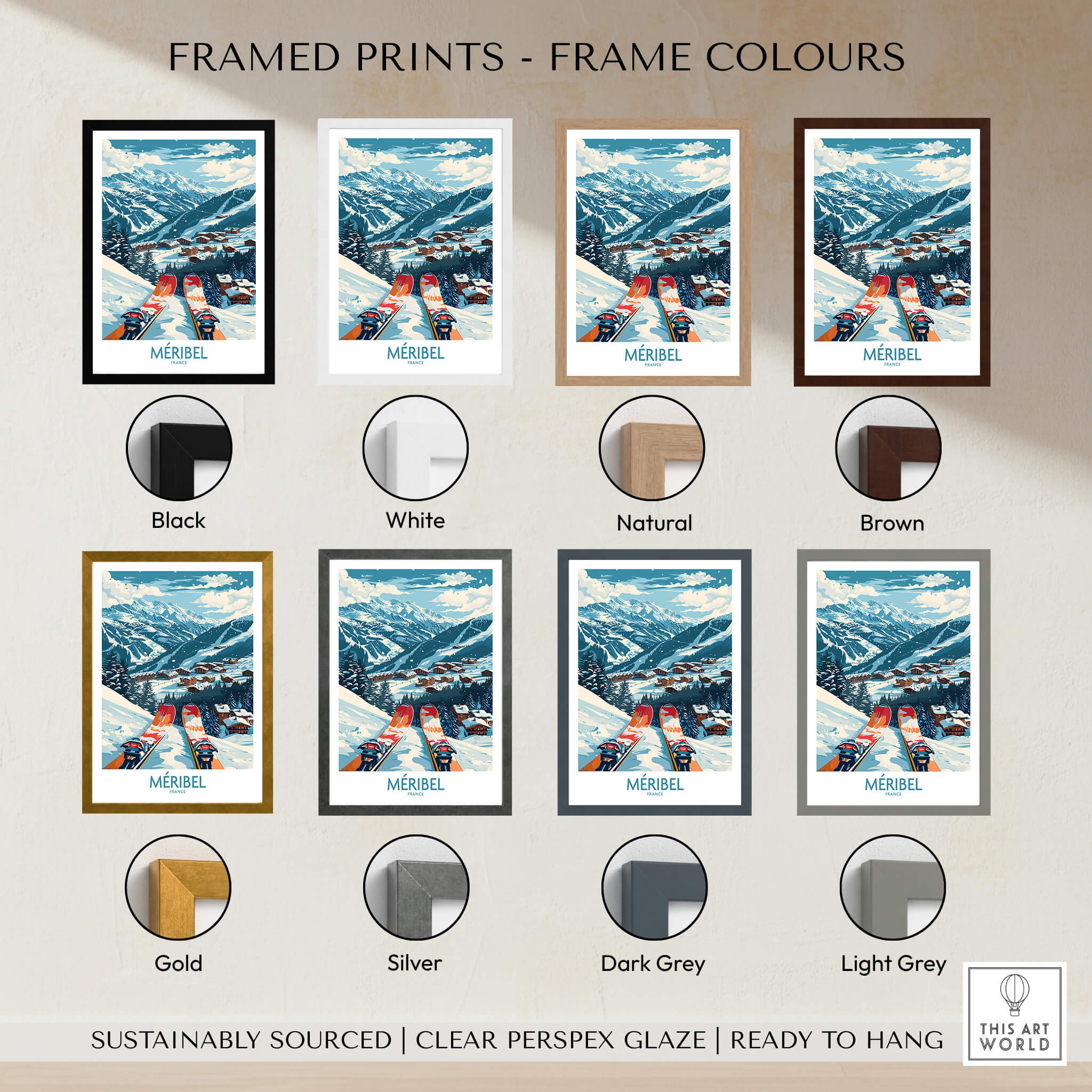 Framed Meribel Wall Art Ski Print - France showcasing various frame colors including black, white, natural, and brown.