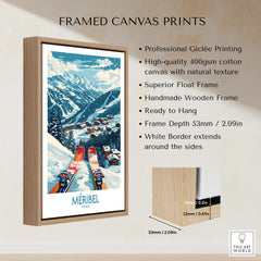 Meribel Wall Art Ski Print - France displayed in a high-quality wooden frame with vibrant colors.