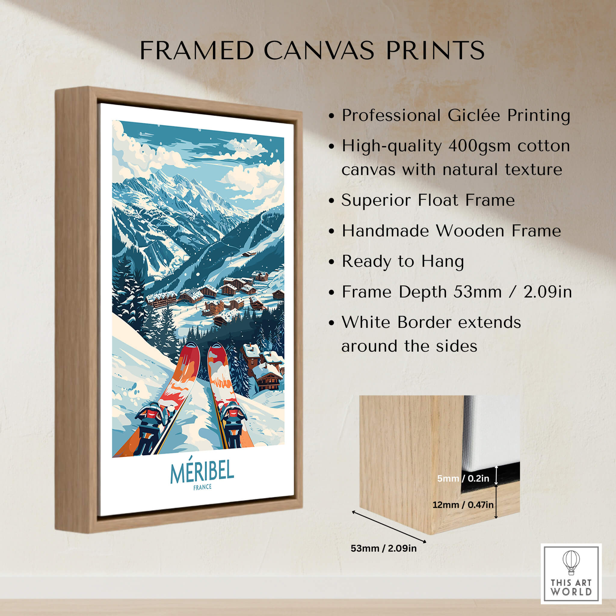 Meribel Wall Art Ski Print - France displayed in a high-quality wooden frame with vibrant colors.