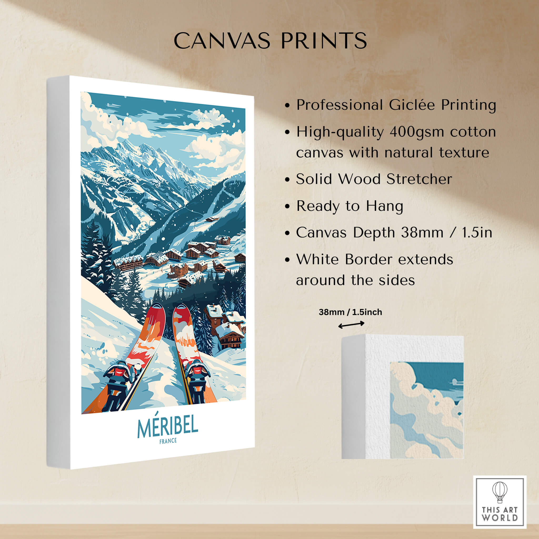 Meribel Wall Art Ski Print - France featuring a ski scene with vibrant colors and professional Giclée printing.