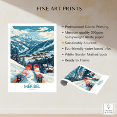 Meribel Wall Art Ski Print -  France showcasing professional Giclée printing and stunning alpine scenery.